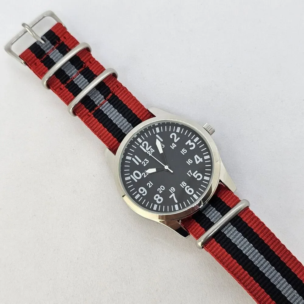 Men's Field Military Watch 42MM Black Dial Red Black Gray‎ Canvas Band Strap